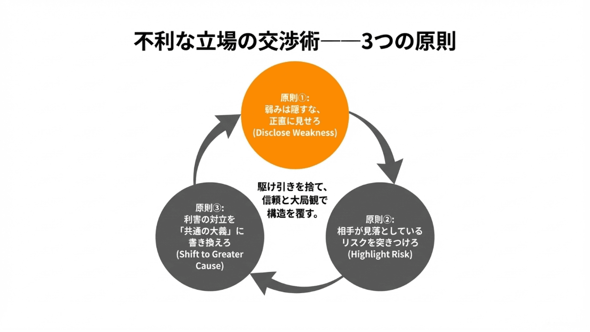 不利な立場の交渉術——3つの原則の循環図