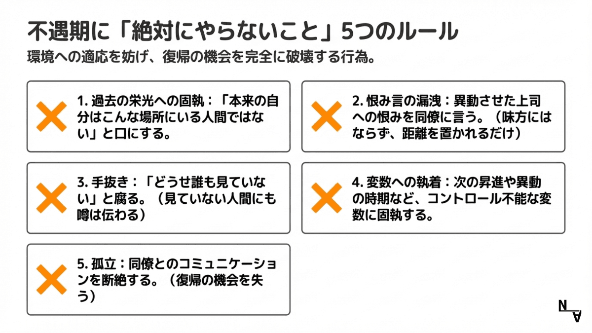 不遇期に「絶対にやらないこと」5つのルール——環境への適応を妨げ、復帰の機会を完全に破壊する行為
