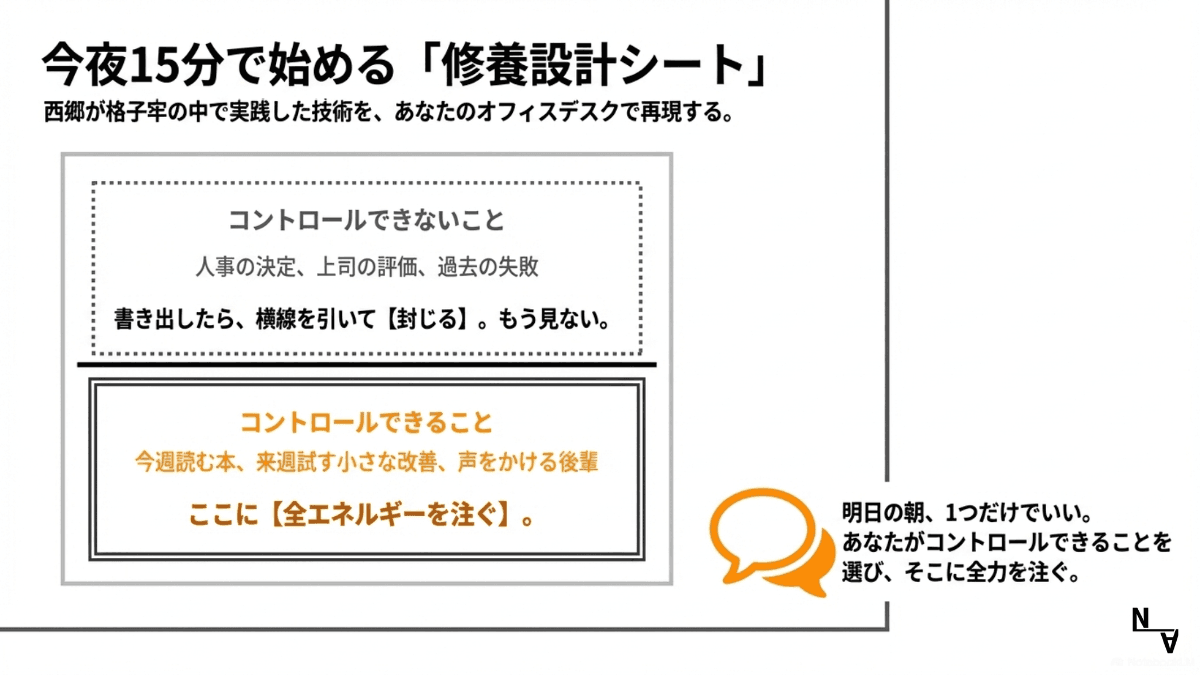 今夜15分で始める「修養設計シート」——西郷が格子牢の中で実践した技術を、あなたのオフィスデスクで再現する