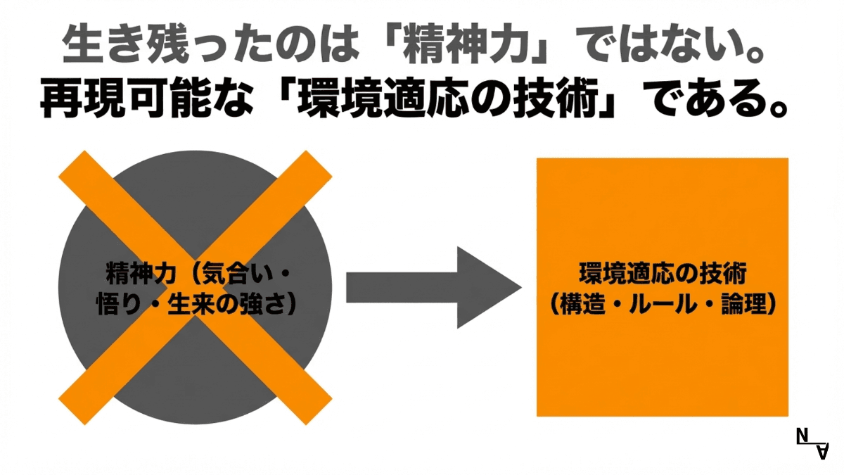 生き残ったのは「精神力」ではない。再現可能な「環境適応の技術」である